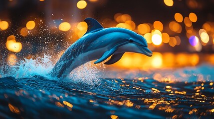A beautiful dolphin leaping joyfully through water with city lights