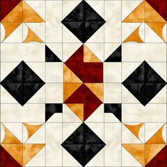 Abstract Geometric Tile Pattern Black, Beige, and Burgundy Triangles on White
