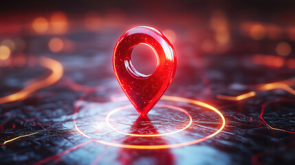 Red glowing location pin showing exact position on futuristic map