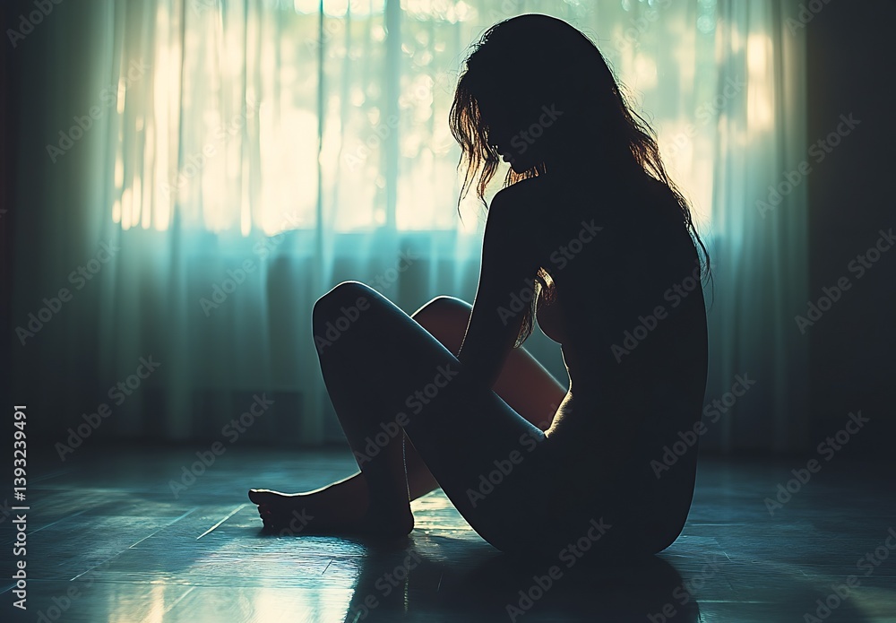 Aufkleber silhouette of a woman sitting on the floor with soft sunlight filtering through curtains : generativ