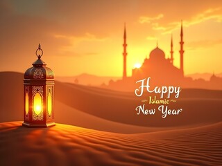 Islamic Lantern Glowing at Sunset with Mosque Silhouette in Desert