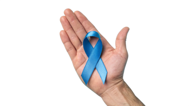 hand holding a blue ribbon isolated