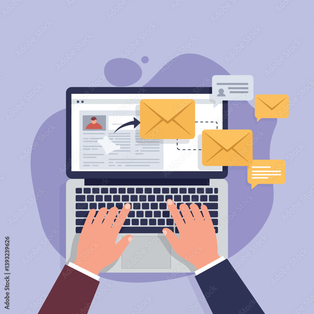Aufkleber hands typing on laptop with email notifications in flat vector art style