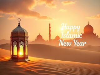 Islamic Lantern Glowing at Sunset with Mosque Silhouette in Desert