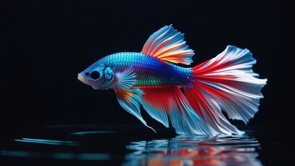 Fototapeta premium Colorful Betta Fish on Black Background with Flowing Fins – Siamese Fighting Fish Underwater