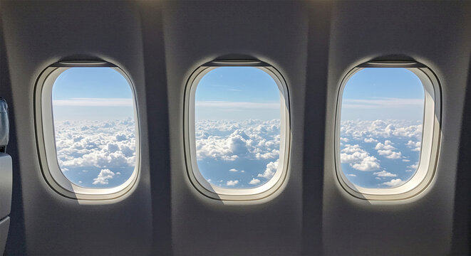 Three plane windows with sky, clouds outside. Travel illustration of flying on aircraft, journey concept. Holiday flight. Vacation trip to paradise. Commercial aviation. Perfect background for mockup.