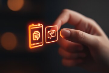 Futuristic Communication Technology: Hand Interacting with Glowing Digital Icons