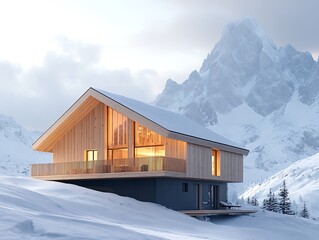 Naklejka premium Wooden chalet nestled in a snowy mountain range at dusk