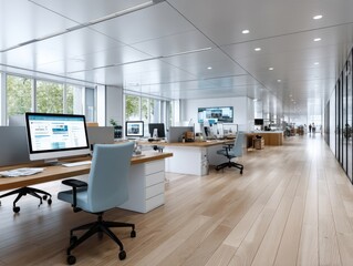 Modern office workspace with large windows and collaborative zones in daylight