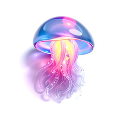 Fototapeta premium Jellyfish – A 3D glass jellyfish figurine, translucent with glowing blue and purple hues, floating effect, smooth and wavy texture, white background, icon illustration. Generative AI