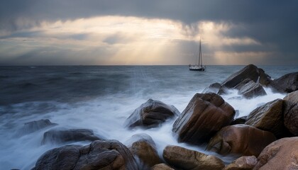 Obraz premium Long Exposure of ocean and beach, wooden boat and ray of light in the sky
