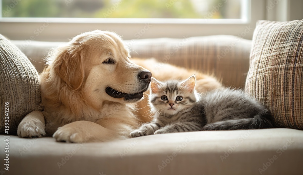 Poster adorable golden retriever and kitten cuddling on couch enjoying cozy moment of friendship and affect