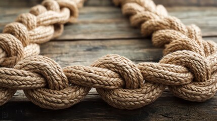 An artistic display of hand-tied decorative knots made of dyed natural jute, arranged on a rustic wooden table, each loop and twist