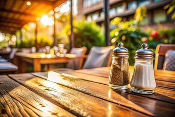 Exquisite Miniature Salt and Pepper Shakers on an Outdoor Restaurant Table A Charming Detail Shot