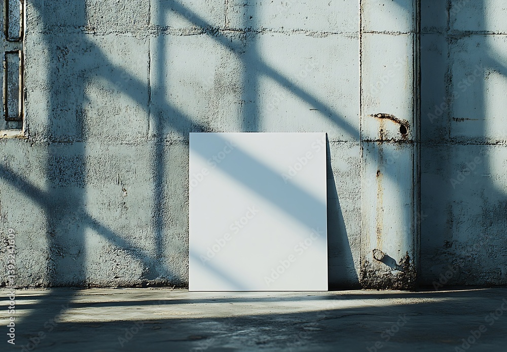 Poster minimalist white canvas mockup against concrete wall sunlight shadow art presentation display space 