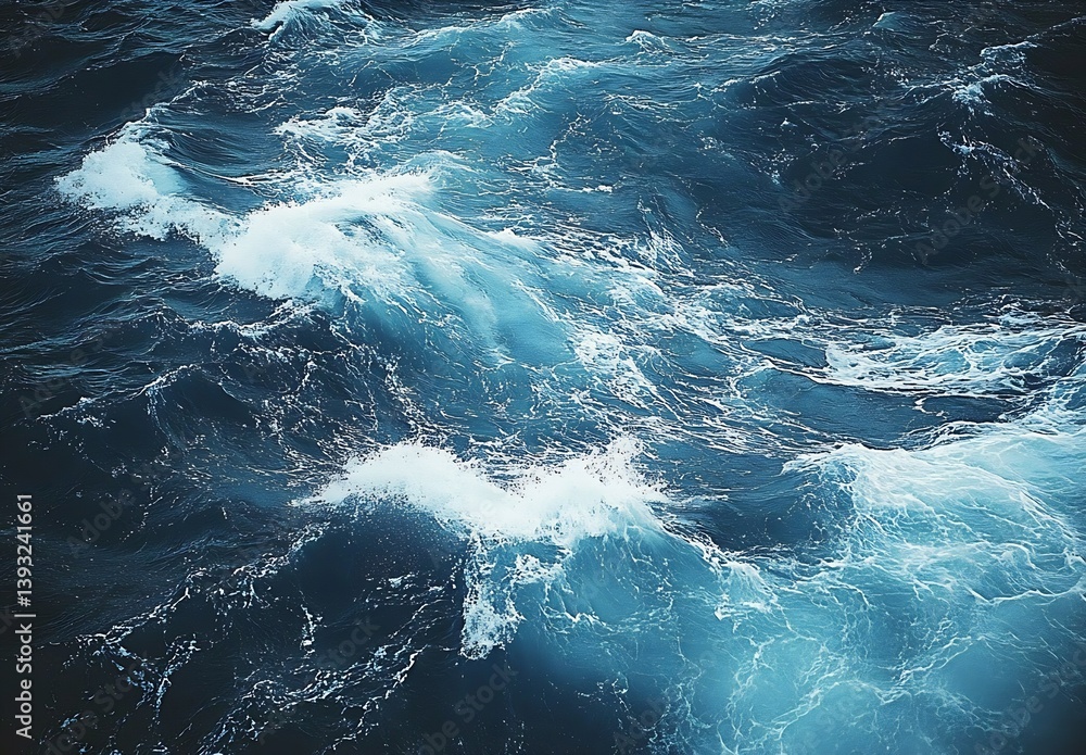 Poster dramatic ocean waves texture abstract deep blue sea surface with white foaming crests aerial view : 