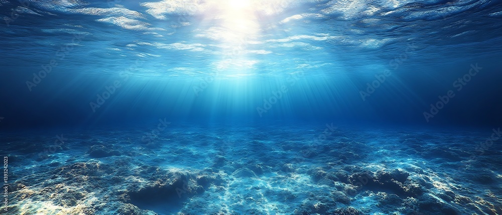 Poster sunlight streaming through the ocean water underwater scene with sun rays and sea bed aquatic tranqu