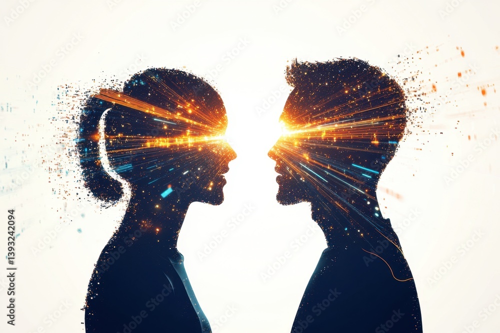 Poster digital particles form the silhouette of two people talking, with light rays emanating from their he