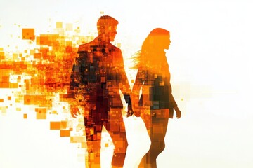 Digital art of two business people in action, captured with an abstract background of pixelated squares and digital elements Generative AI