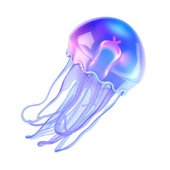 Fototapeta premium Jellyfish – A 3D glass jellyfish figurine, translucent with glowing blue and purple hues, floating effect, smooth and wavy texture, white background, icon illustration. Generative AI