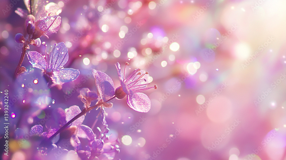 Poster close up of pink cherry blossoms with bokeh lights creating a soft and dreamy spring background