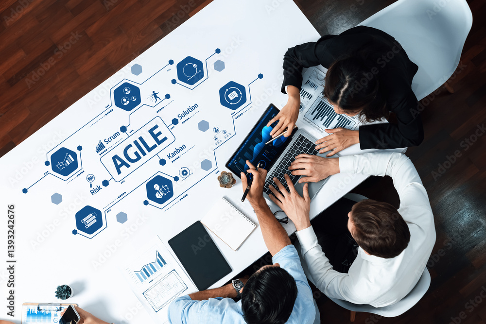 Poster A dynamic team engages in collaboration within an Agile workspace, illustrating project management concepts through interactive discussions and innovative technology on display. Amity