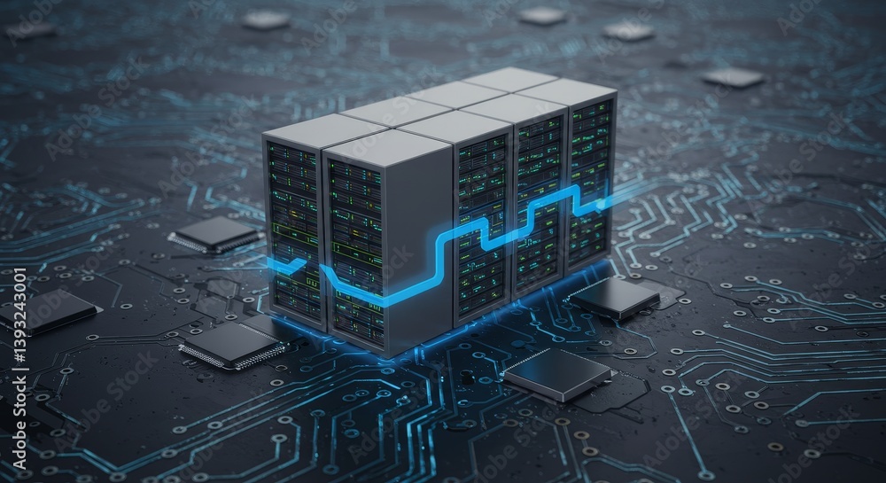 Poster data blocks flowing on futuristic circuit board - futuristic server data transfer, flow, technologic
