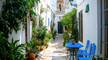 Obraz premium This captivating narrow street features whitewashed walls adorned with plants, blue chairs, and vibrant flowers, creating a serene atmosphere in a Mediterranean village