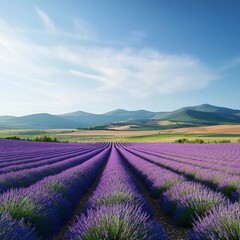 Obraz premium image of expansive lavender fields under a bright summer sky with rolling hills in the distance isolated on a plain background vibrant rows of lavender stretching toward distant hills 