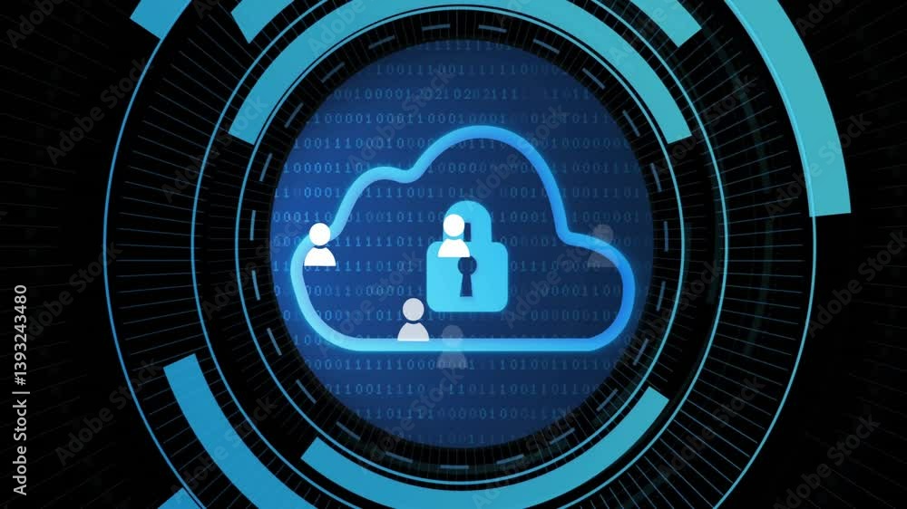 Poster lock and user icons over binary code, representing cloud security concept