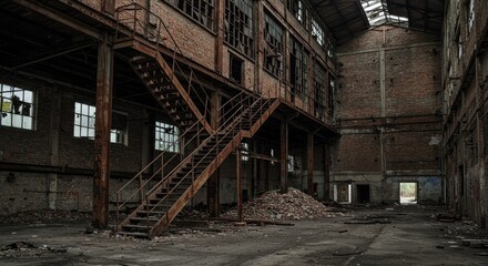 Obraz premium Derelict Factory: A Study in Urban Decay - Decaying industrial building, rusty staircases, rubble, broken windows, and shadows symbolize neglect, time's passage, lost industry, urban exploration