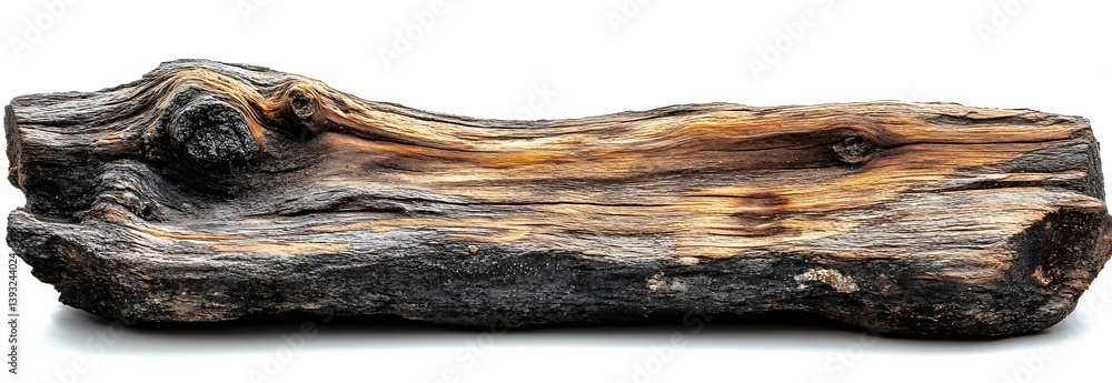 Poster detailed close up shot of a weathered piece of wood on a white background revealing intricate textur