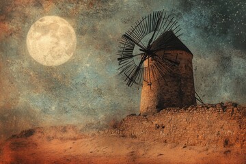 Ancient stone windmill stands under a large moon, a serene night scene.