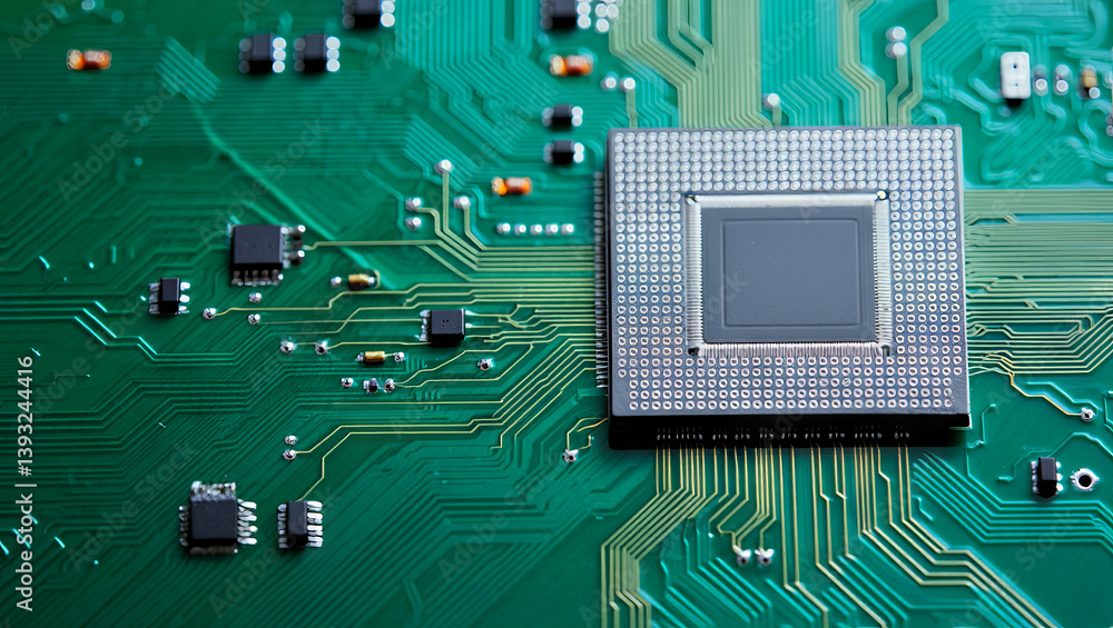 Poster a detailed close-up captures a circuit board featuring a microprocessor surrounded by various electr