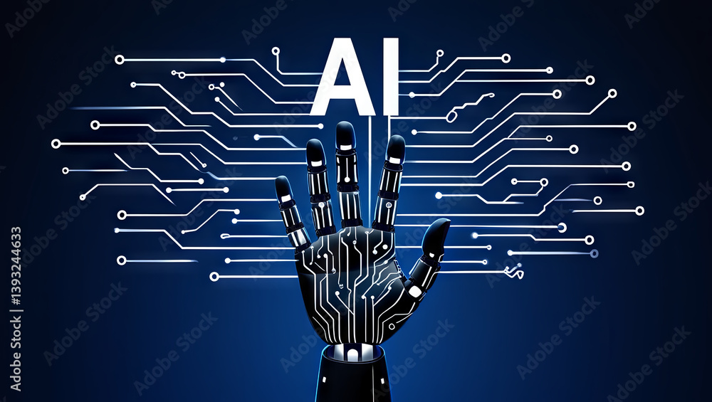Poster a robotic hand is displayed against a dark blue background featuring intricate circuitry patterns, s