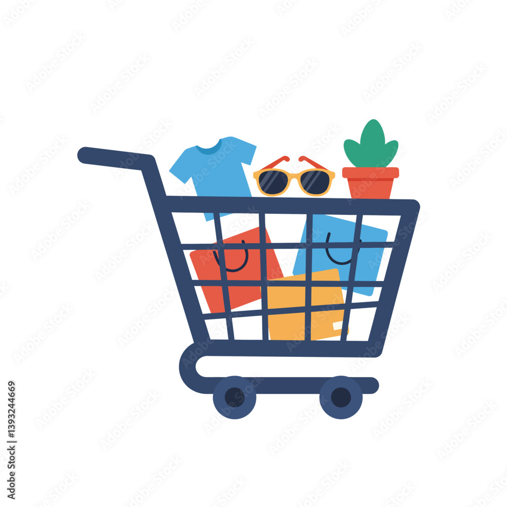 Poster shopping cart filled with colorful items in flat style vector art