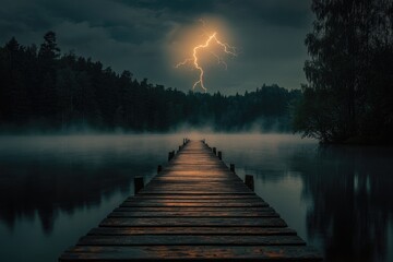 Naklejka premium A lone wooden dock extends into a misty lake under a stormy sky, lit by a dramatic lightning strike.