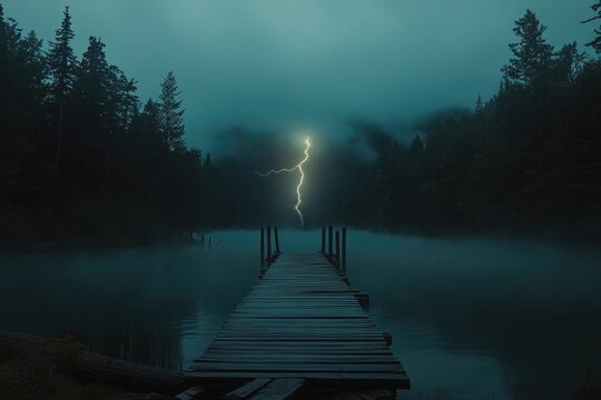 A solitary wooden dock extends into a misty lake under a stormy night sky, illuminated by a lightning strike.