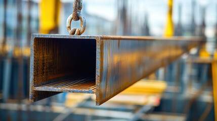A steel beam is being hoisted by a crane at a busy construction site. The scene showcases various equipment and structures under the cloudy sky, indicating ongoing building work