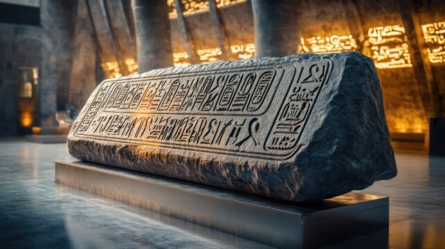 Mysterious stone artifact featuring deep grooves and cryptic symbols, resting on a metal pedestal inside a modern museum, dramatic lighting adding contrast