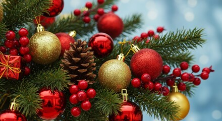 Festive Christmas Ornament Arrangement - Close-up of a Christmas arrangement featuring red and gold ornaments, pine cones, and berries on a fir branch