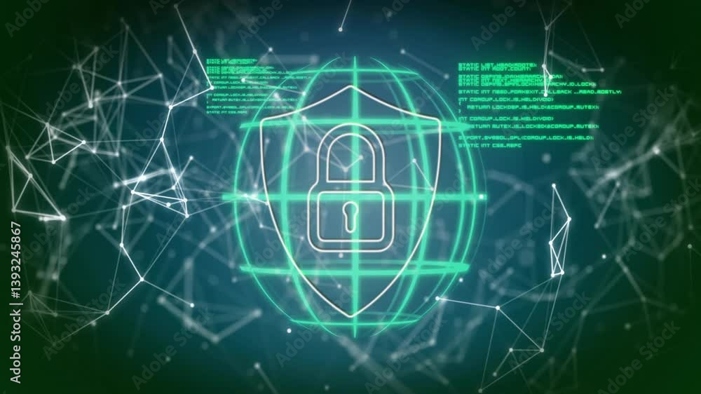 Poster Digital padlock and shield over network connections and data processing animation