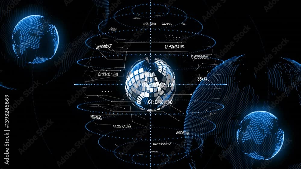 Poster Animation of digital globe with data and network connections in futuristic design