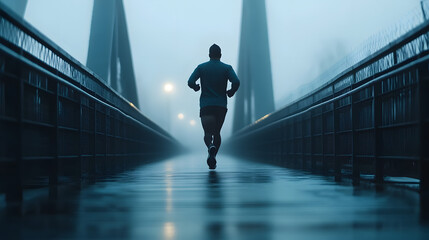 A lone runner strides across a bridge shrouded in fog, illuminated by distant lights. Focused on fitness in a challenging weather.