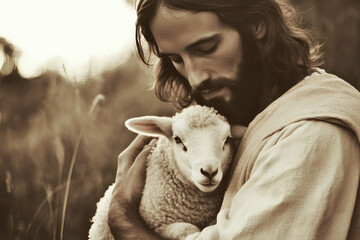 Jesus Christ holding the lost lamb with love and care