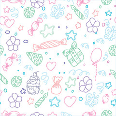 Hand-drawn multicolored doodle birthday cake, balloon, event decoration element. A party. Vector seamless pattern illustration on a white background. for printing and textile postcards.