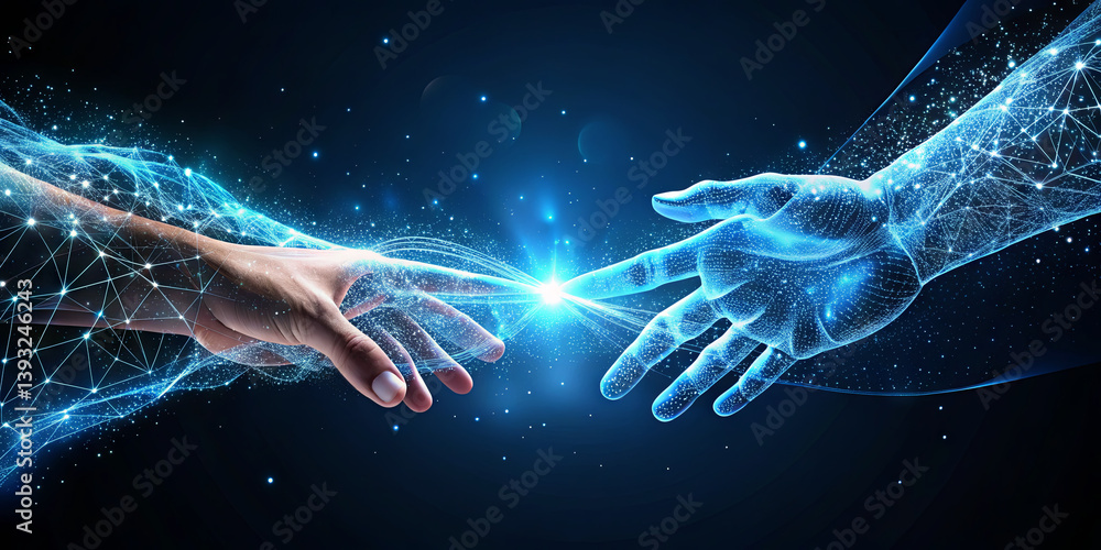 Poster two hands reach towards each other in a vibrant cosmic setting, symbolizing the connection between h