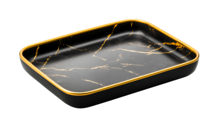 Black marble tray with gold trim, decorative and stylish, cut out transparent