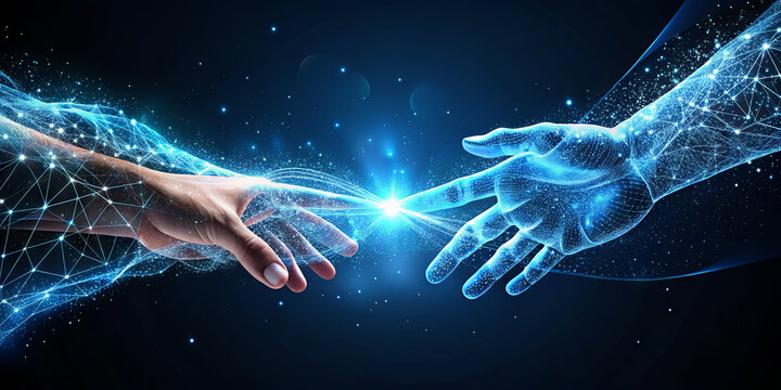 Two hands reach towards each other in a vibrant cosmic setting, symbolizing the connection between humanity and digital technology in an imaginative universe