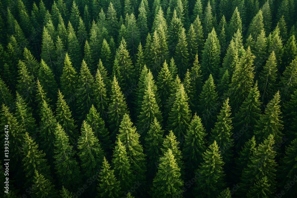 Poster aerial view of lush green coniferous forest canopy creating a natural pattern perfect for nature and